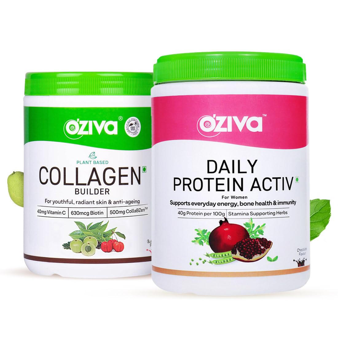 OZiva Vegan Collagen (Guava Glow) with Biotin & Vitamin C For Brighter & Youthful Skin 250g and OZiva Daily Protein Activ for Women 300g (Chocolate)