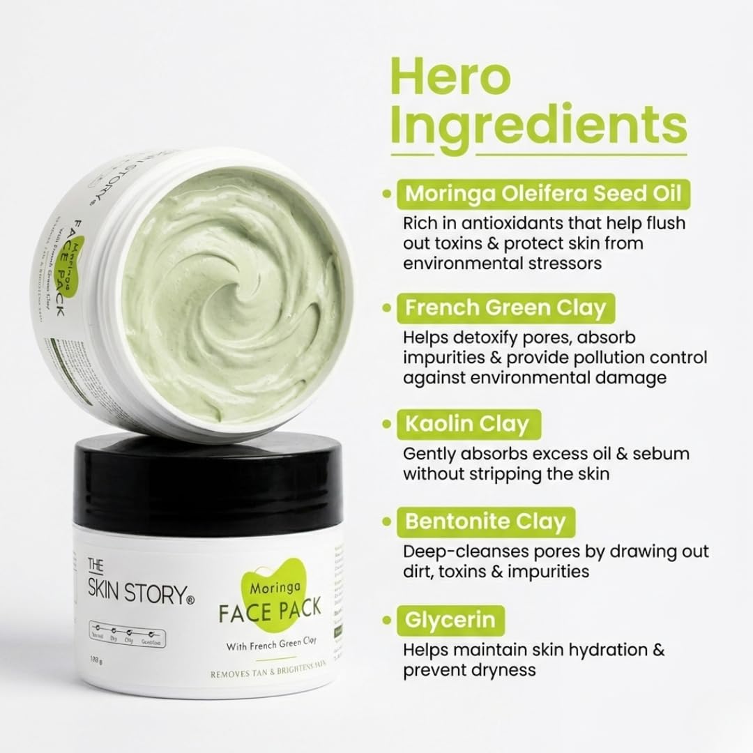 Hydrating Moringa Face Pack with Multani Mitti & French Green Clay | Deep Cleansing, Detoxifying & Brightening Face Mask | Helps Remove Tan, Control Excess Oil,