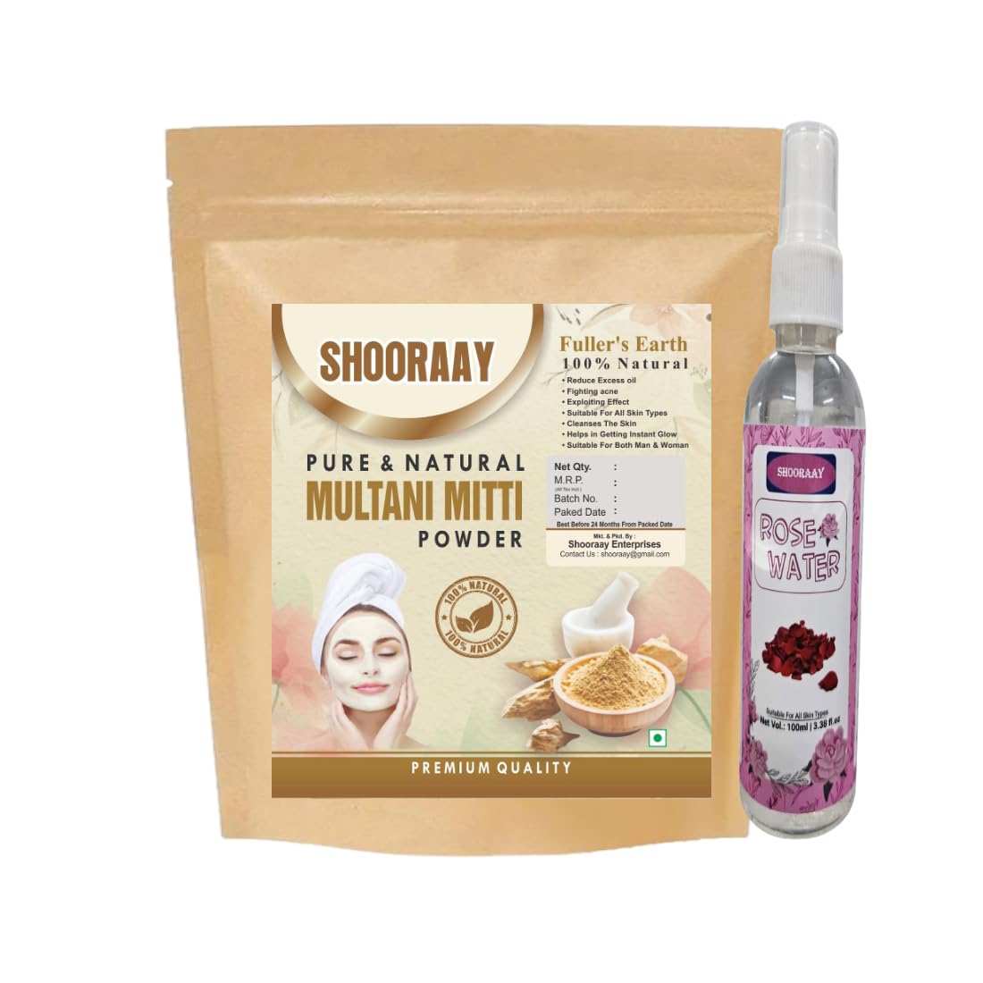 Natural Multani Mitti Powder For Face Pack And Hair Pack for All Skin Type With 100ml Rose Water (Multani Mitti Powder 100gm)