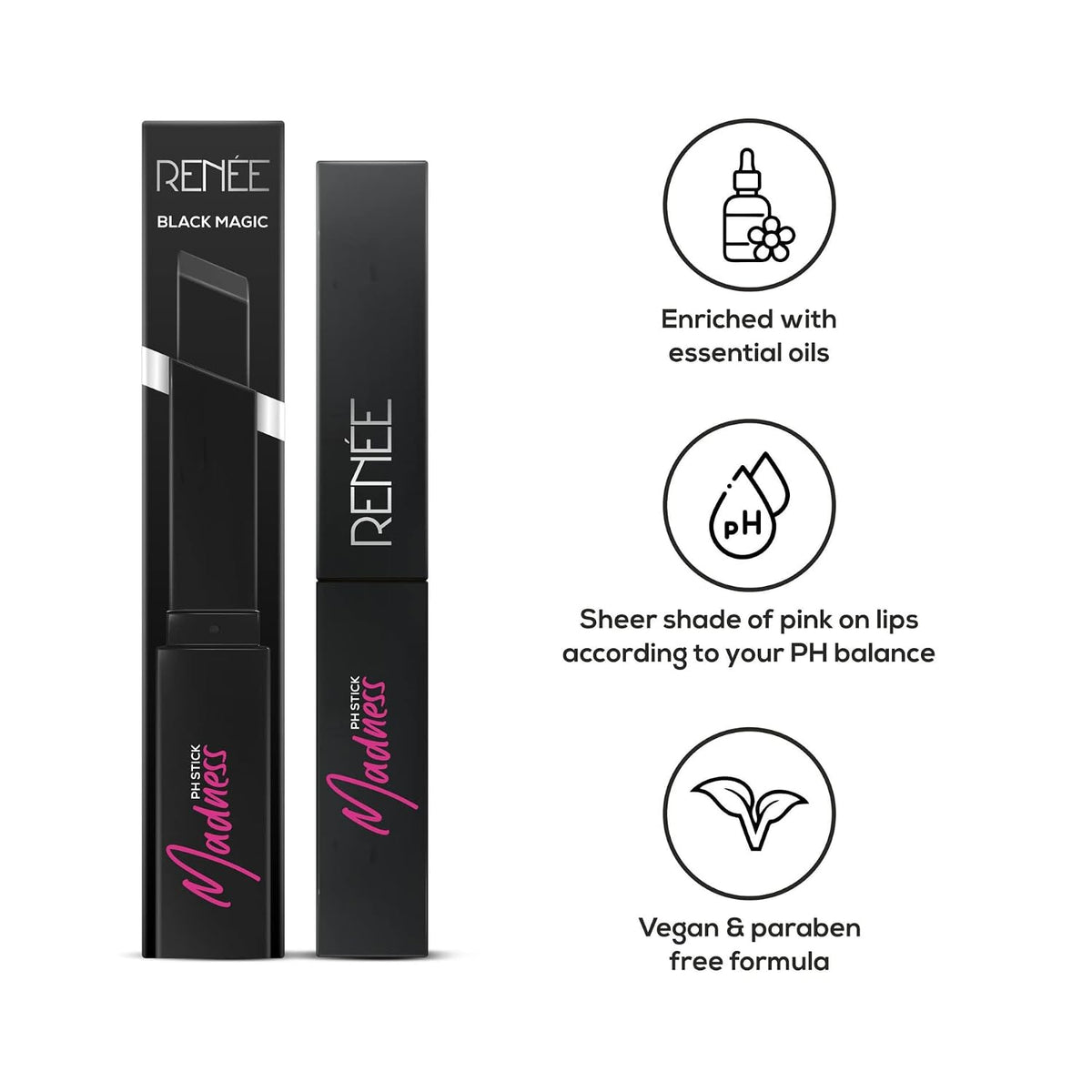 RENEE Madness Ph Lipstick | Black Lipstick With Glossy Pink Payoff| Long Lasting Nourishment, Enriched With Vitamin E & Jojoba Oil| Vegan & Paraben Free | 3gm