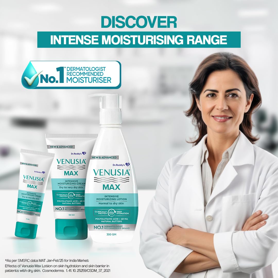 VENUSIA Dr. Reddy's Max Cream | Dermatologist Rec. for Dry to Very Dry Skin | Clinically Proven 24 hrs Moisturization | Paraben Free | Face & Body | Cocoa, Mang