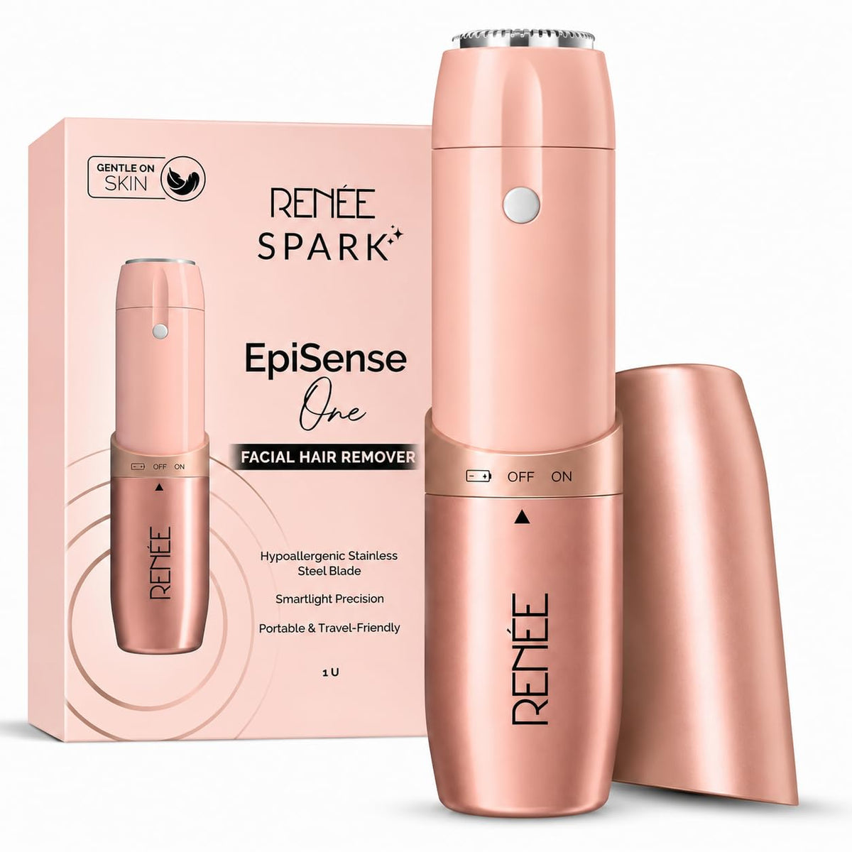 RENEE Spark EpiSense One Facial Hair Remover | Cheeks, Upper Lip & Chin, Gentle On Skin | With Hypoallergenic Stainless Steel Blade & Smartlight Precision | For