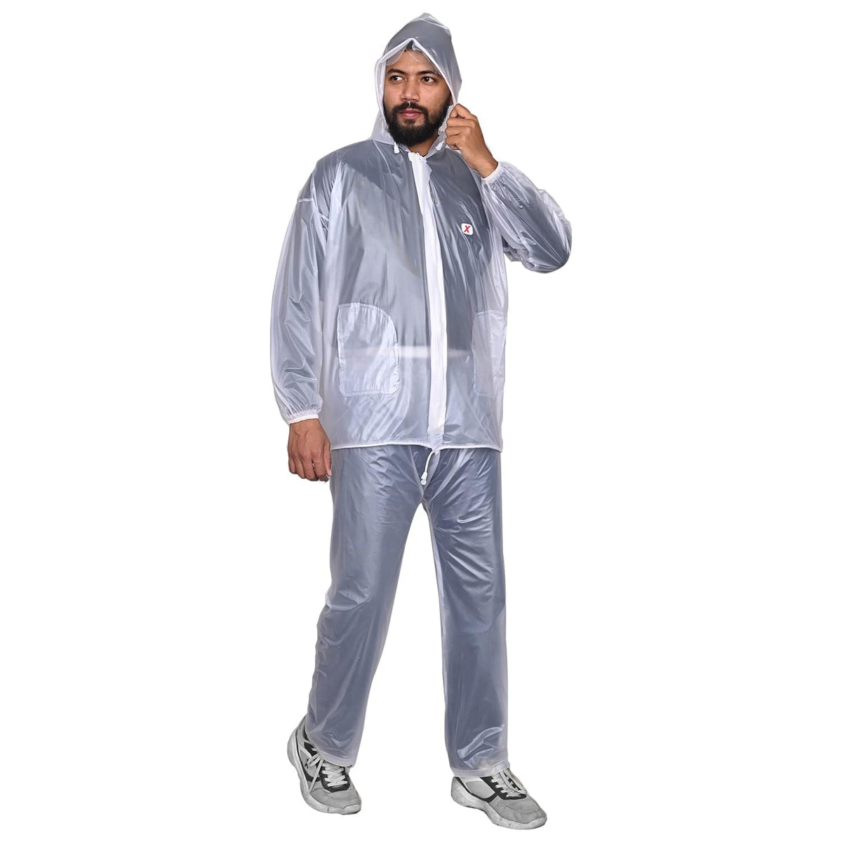 Allextreme Kinder Men Universal Raincoat, waterproof Rainsuit with Adjustable Hood, Drawstring Hem Set of Top & Bottom with Carrying Pouch (White, XXL)