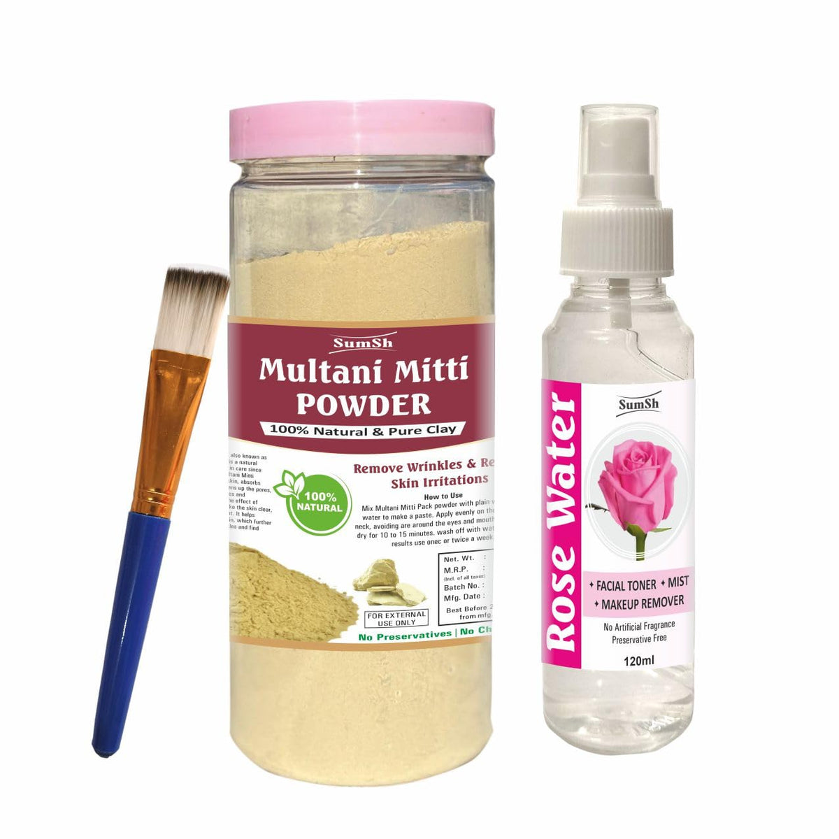 Multani Mitti Powder, 200g with Rose Water Toner 120ml