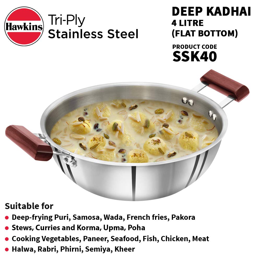 Hawkins 1.5 Litre Deep Fry Pan, Triply Stainless Steel Kadai, Flat Bottom Induction Kadhai, Small Kadai, Silver (SSD15)
