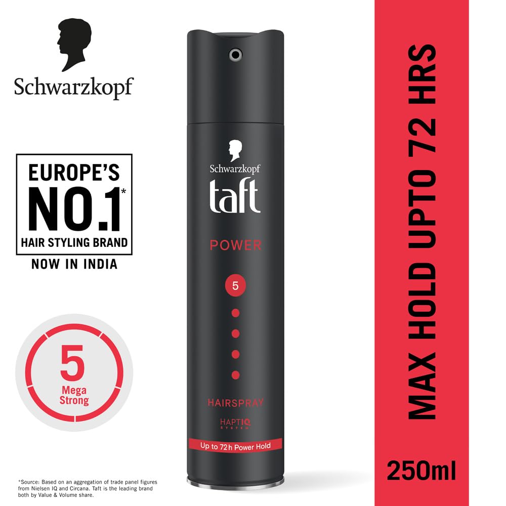 TAFT Schwarzkopf Power Hair Spray With Caffeine Formula For Strengthening Hair Hold 5, 72Hr Hold Protection From UV Rays, Wind And Humidity, No Stickiness, Easy