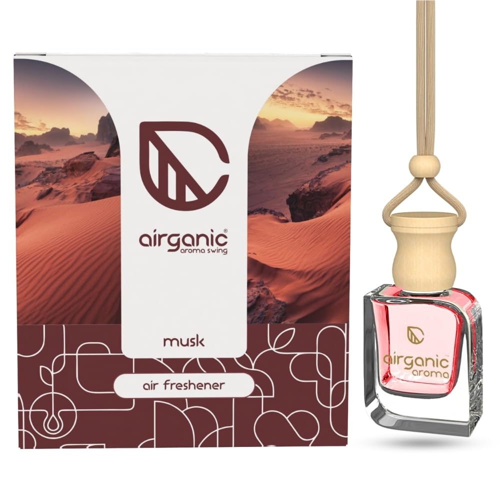 Airganic Swing Prime Car Perfume Hanging Pod-Musk, Sandalwood & Cool aqua Water-Pack 3| Car Air Freshener|Fragrance Oils in Glass Bottle with Wooden Diffuser Li
