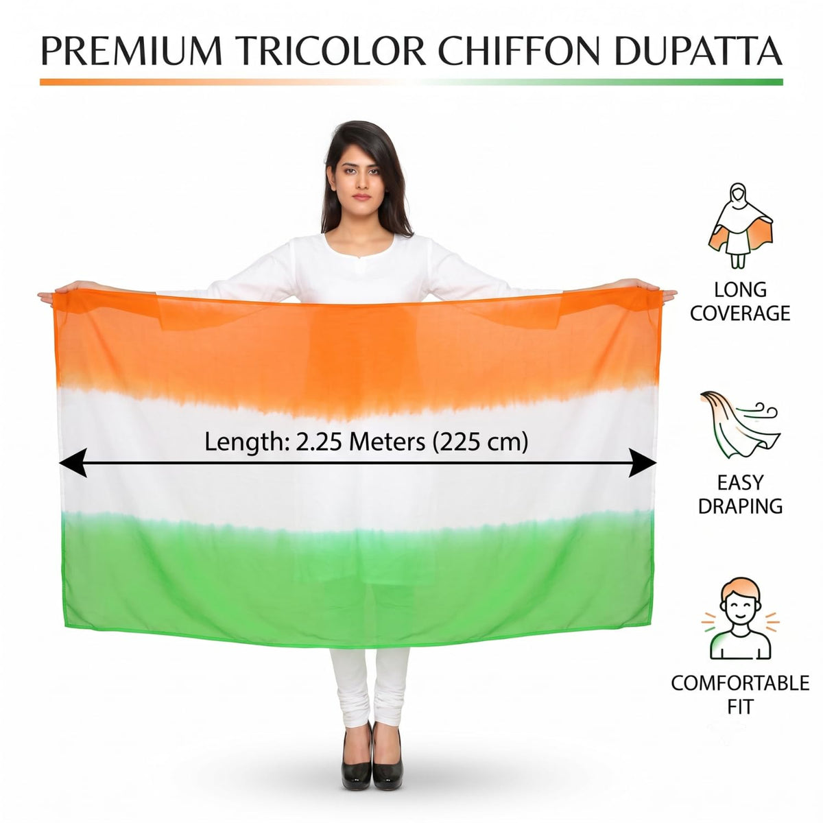 Kalakriti Womens Girls Dress Dupatta Full 2.25 mtrs | Tie-Dye Chiffon Fabric Dupatta Tricolor Chunni | Republic Day | Independence Day