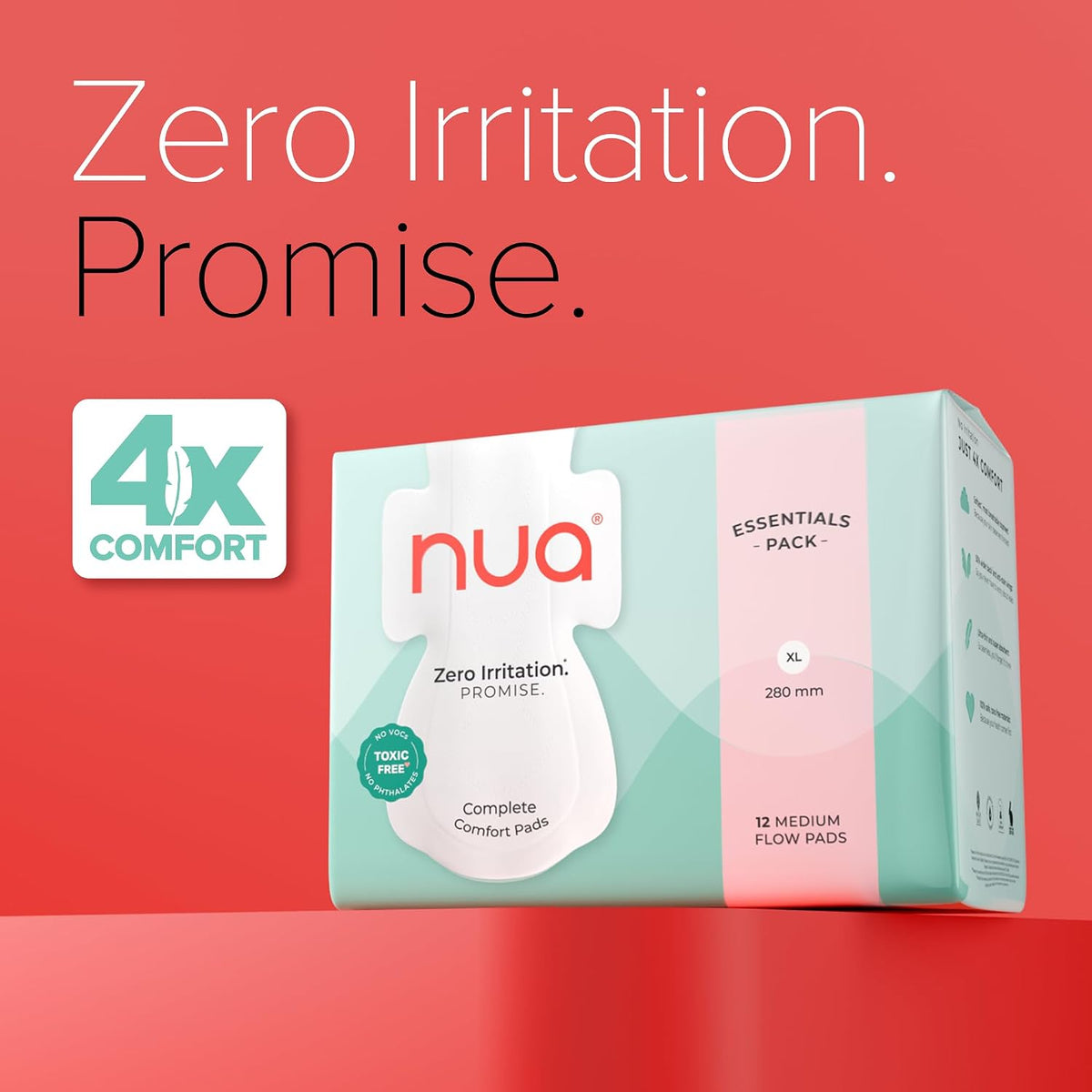Nua Complete Comfort Sanitary Pads for Women | SUPER SAVER Pack of 4 (48 Pads) | Rash Free | Zero Irritation | Leakproof, Unscented & Toxin-Free | Gentle on Sen