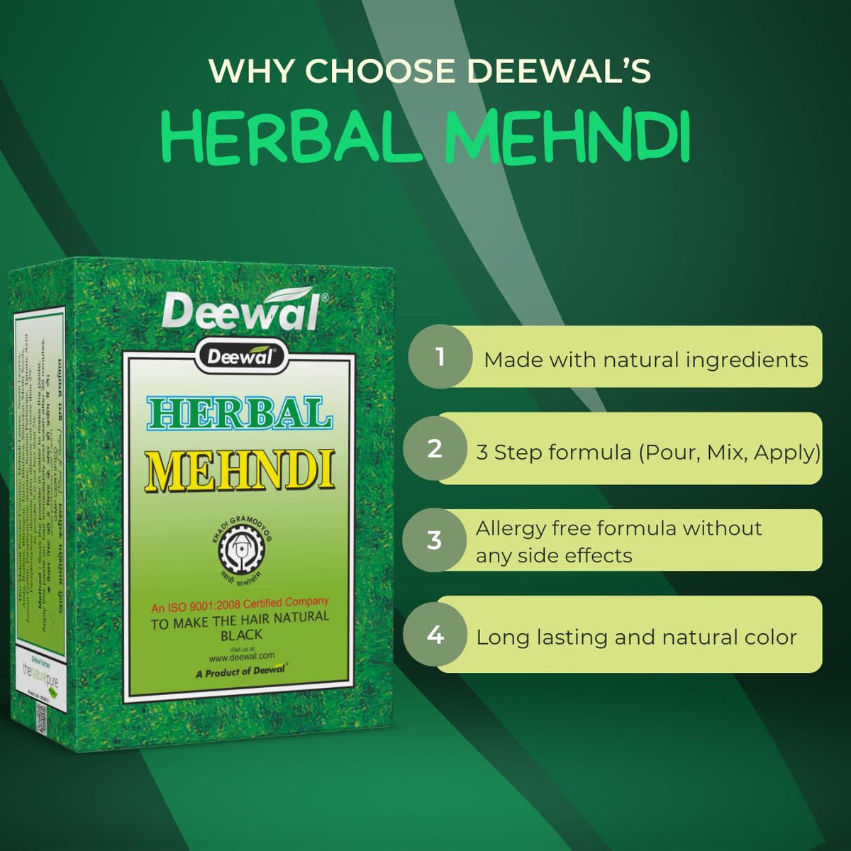Deewal Herbal Khadi Mehndi Powder – Hair Color & Conditioning, 240g (Pack of 3) | With Amla, Bhringraj, Neem & Shikakai | For Men & Women Black Pack of 3