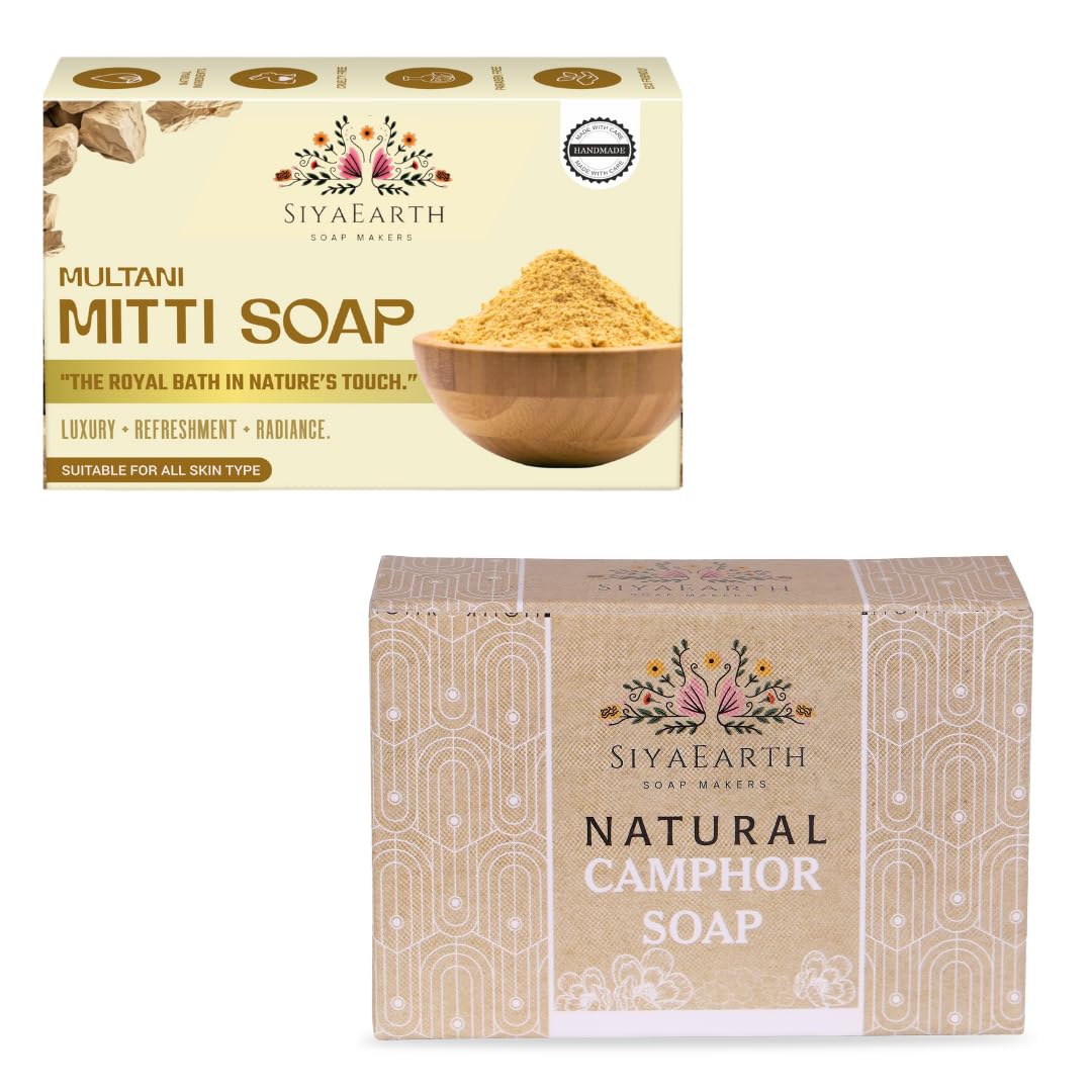 Natural Handmade Multani Mitti Soap & Camphor Soap – Pack of 2 for Men and Women, Skin Purifying, Cooling, Natural Skin Care
