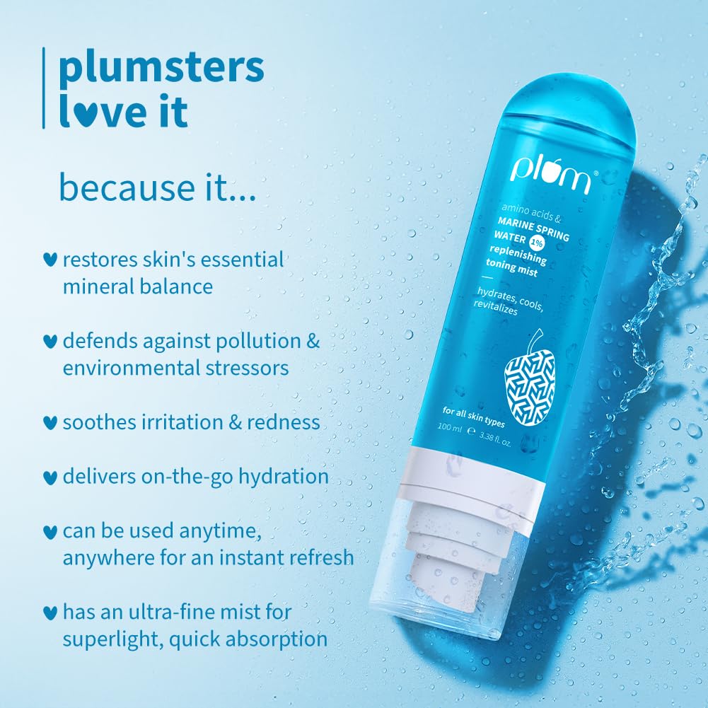 Plum 1% Marine Spring Water Replenishing Toning Mist Spray with Amino Acids | Hydrates, Cools & Revitalizes | with Active Minerals | On-the-go Soothing Face Mis