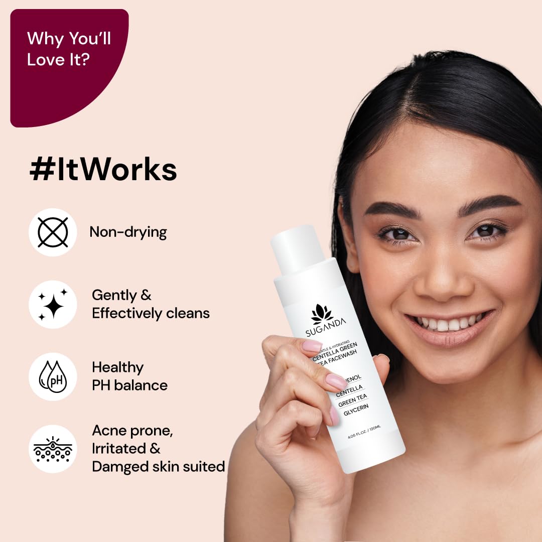 Suganda Centella Green Tea Face Wash | Gentle Hydrating Cleanser with Panthenol & CICA | Sulfate-Free Daily Face Wash for Oily, Sensitive & Acne-Prone Skin | Removes Dirt, Oil & Makeup | 120 ml