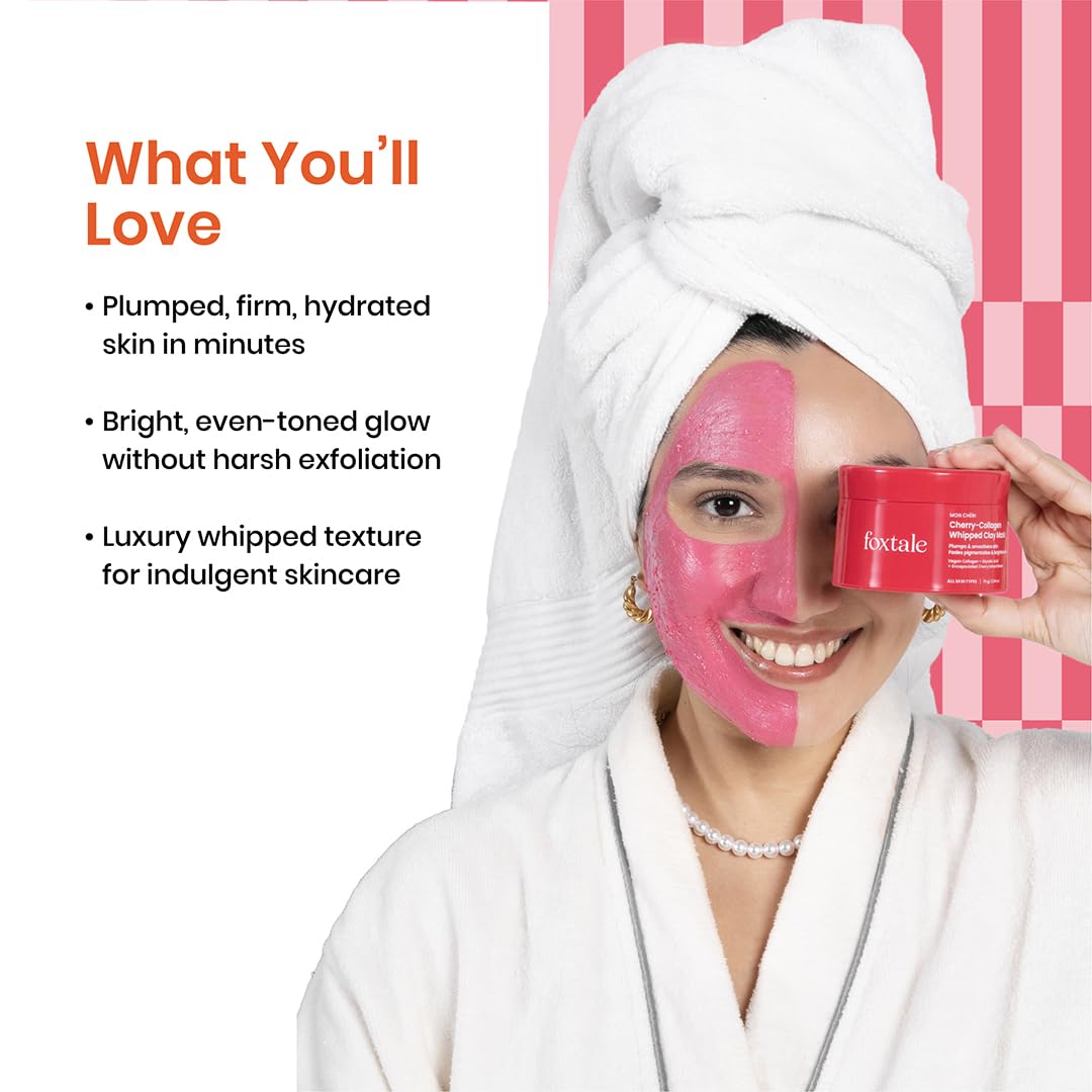 Foxtale Cherry-Collagen Whipped Clay Mask | Vegan Collagen + Glycolic Acid + PHA + Cherry Beads | Hydrates, Plumps & Firms Skin | Detoxifies Pores, Brightens & Smooths Dull, Uneven Skin | 75g