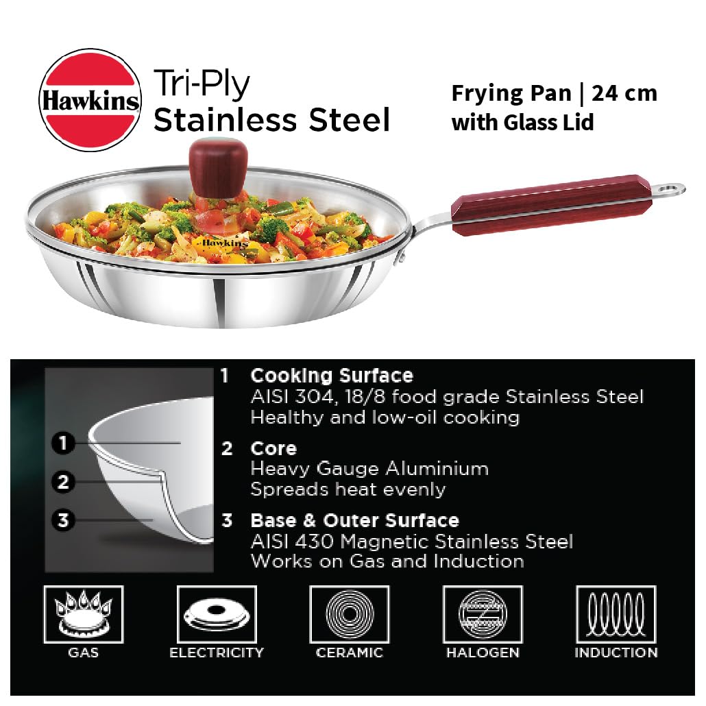 Hawkins 20 cm Frying Pan, Triply Stainless Steel Fry Pan with Glass Lid, Induction Frying Pan, Silver (SSF20G)