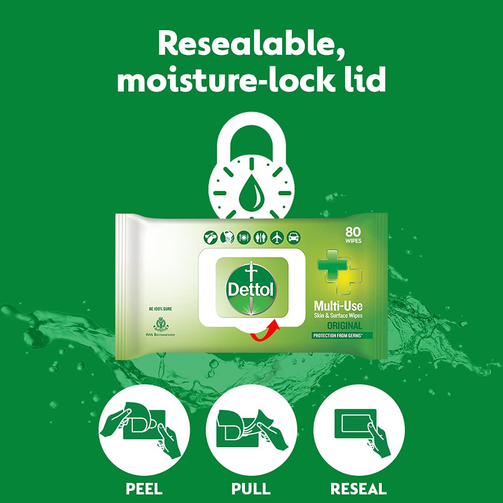 Dettol Disinfectant Sanitizer Wet Wipes For Skin & Surfaces , Original 80 Count| Moisture-Lock Lid | Safe On Skin | Ideal To Clean Surfaces