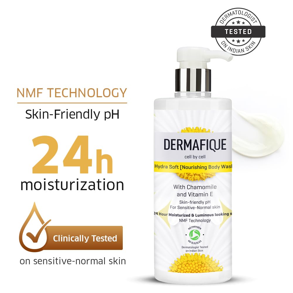 Dermafique Hydra Soft Nourishing Body Wash 500ml | 24 hr Moisturization, Hyaluronic Acid & NMF | Sensitive, Dry, Oily, Normal Skin | Clinically & Dermat Tested
