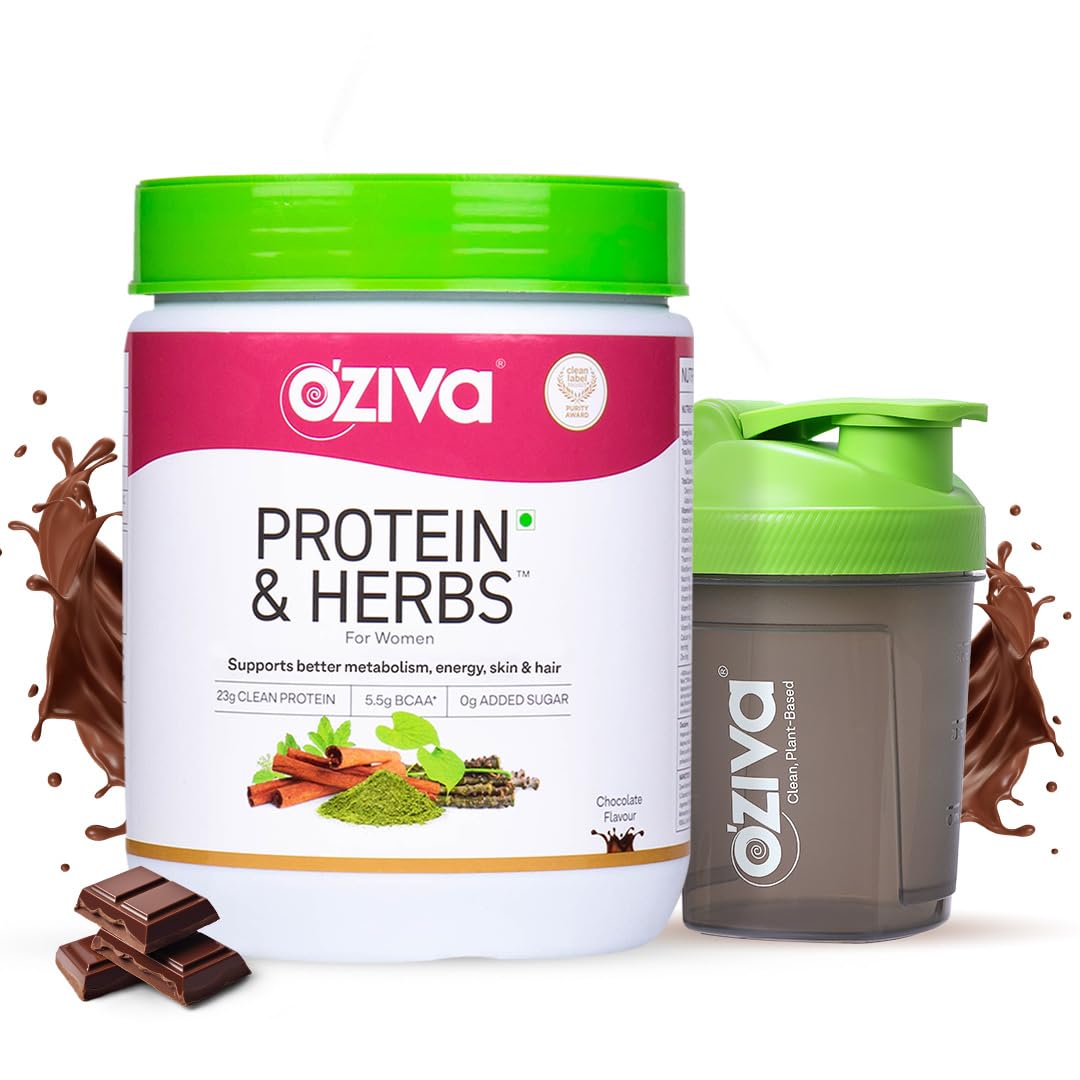 OZiva Protein & Herbs for Women, No Added Sugar, Green Tea, Chocolate, 454g 500 g + Shaker