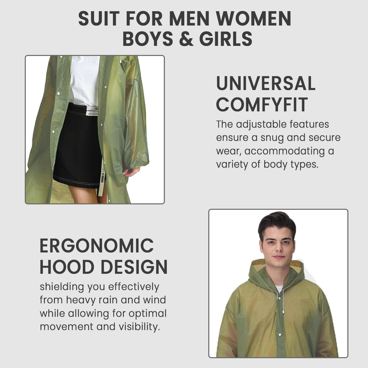 Pivalo EVA Rain Poncho for Men & Women-Lightweight Waterproof Raincoat with Hood Adjustable Drawstring & Button Closure Reusable Outdoor Rainwear for Men Women