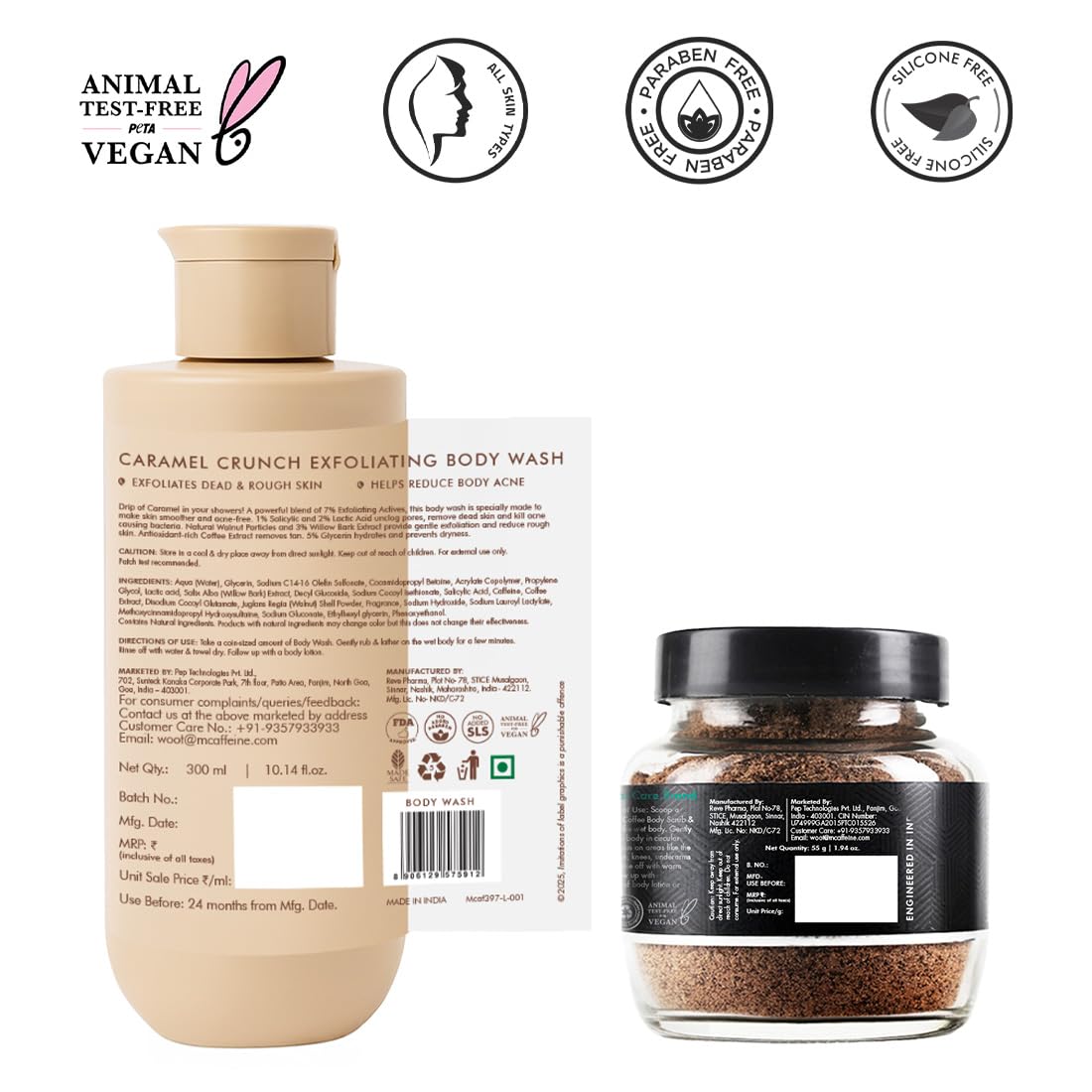 mCaffeine Deep Exfoliation Body Combo | Exfoliating Coffee Body Scrub Powder Jar for Tan Removal & Soft-Smooth Skin | 7% Exfoliating Body Wash | Reduces Body Ac