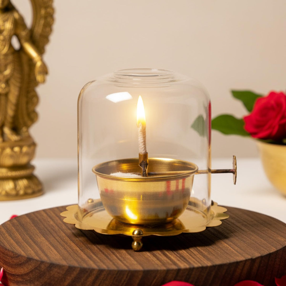 PrettyKrafts 250ml Brass Akhand Jyot Diya with Adjustable Bati Knob, Wick Lifting Screw Lever & Borosilicate Glass Cover (Large Size, 250ml Oil Capacity, Burns