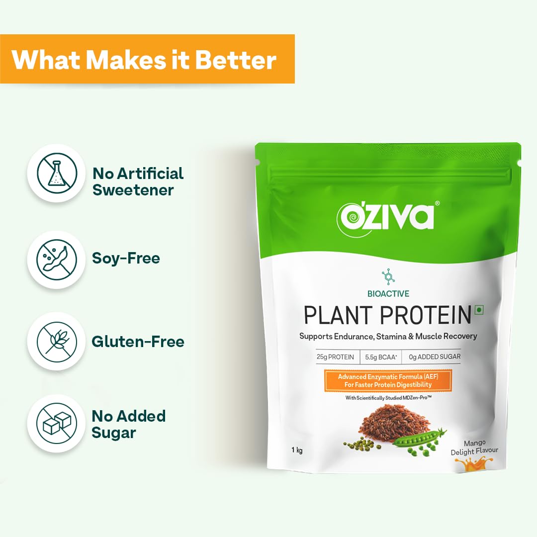OZiva Bioactive Plant Protein Powder, 5.5g BCAA, Pea Isolate, Mango, 1kg