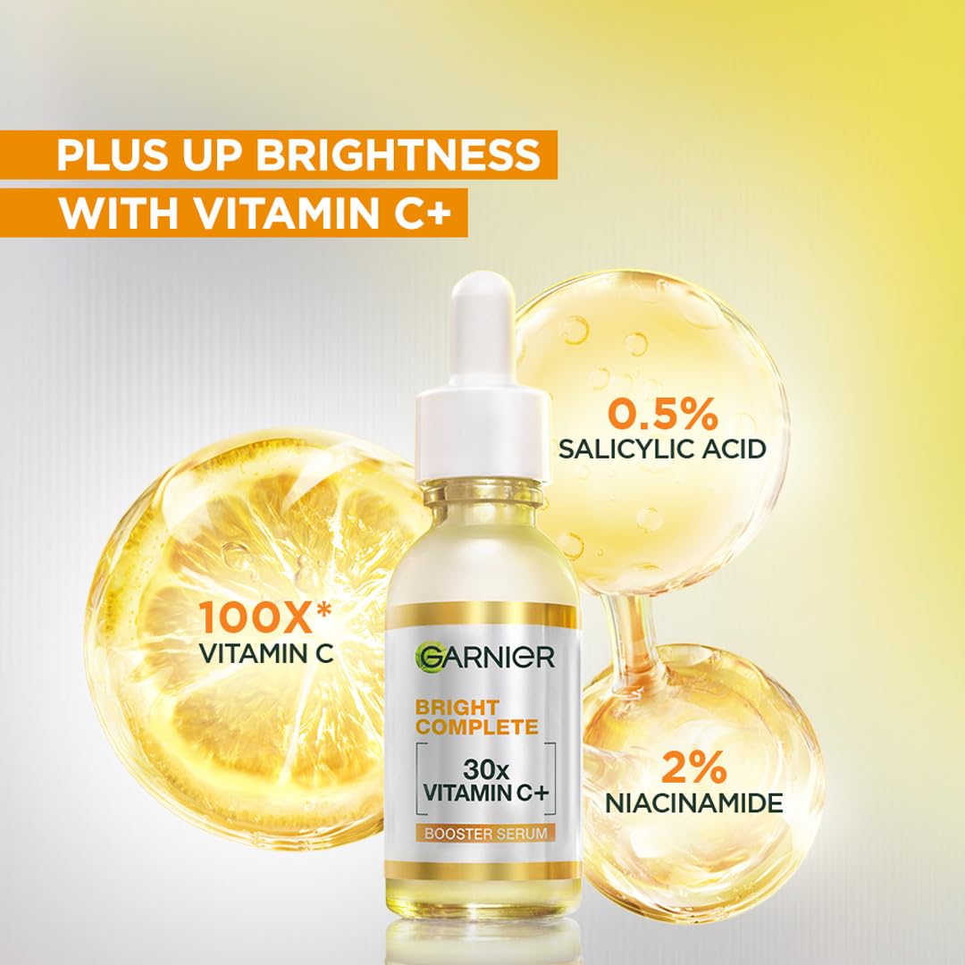 Garnier Skin Naturals, Bright Complete 30X Vitamin C Booster Face Serum, Increases Skin's Glow Instantly and Reduces Spots Overtime, with 2% Niacinamide + 0.5% Salicylic Acid, for Men & Women, 50 ml
