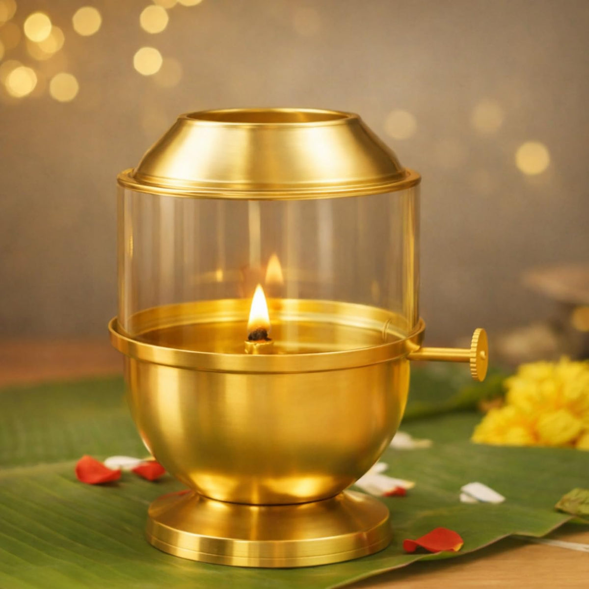 ServDharm Brass Akhand Diya with Adjustable Bati for Puja, Wick Adjustment Screw Knob and Borosilicate Glass Cover I Large, 250 ml Oil Capacity, Long Lasting 48