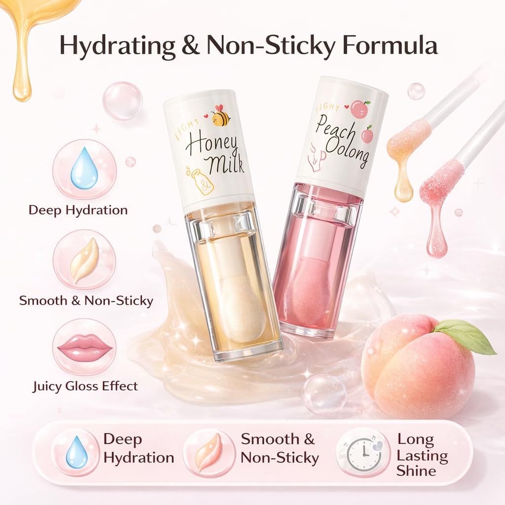 Pack of 2 Lip Gloss Set – Honey Milk & Peach Oolong | Hydrating, Non-Sticky, Glossy Finish Lip Oil | Long Lasting Shine Lip Gloss for Women