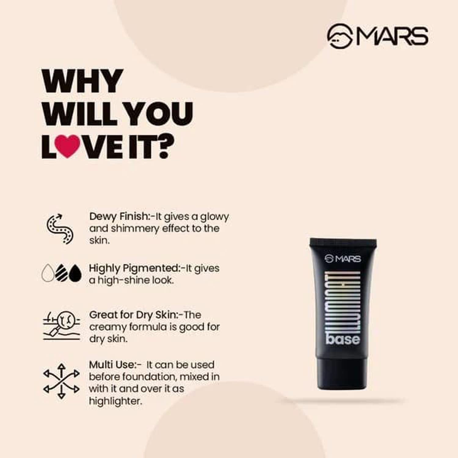 MARS Illuminati Base Strobe Cream Dewy Primer with Highlighter | Glowy Dewy Primer for Face Makeup | Natural Finish (45ml) (PINK)