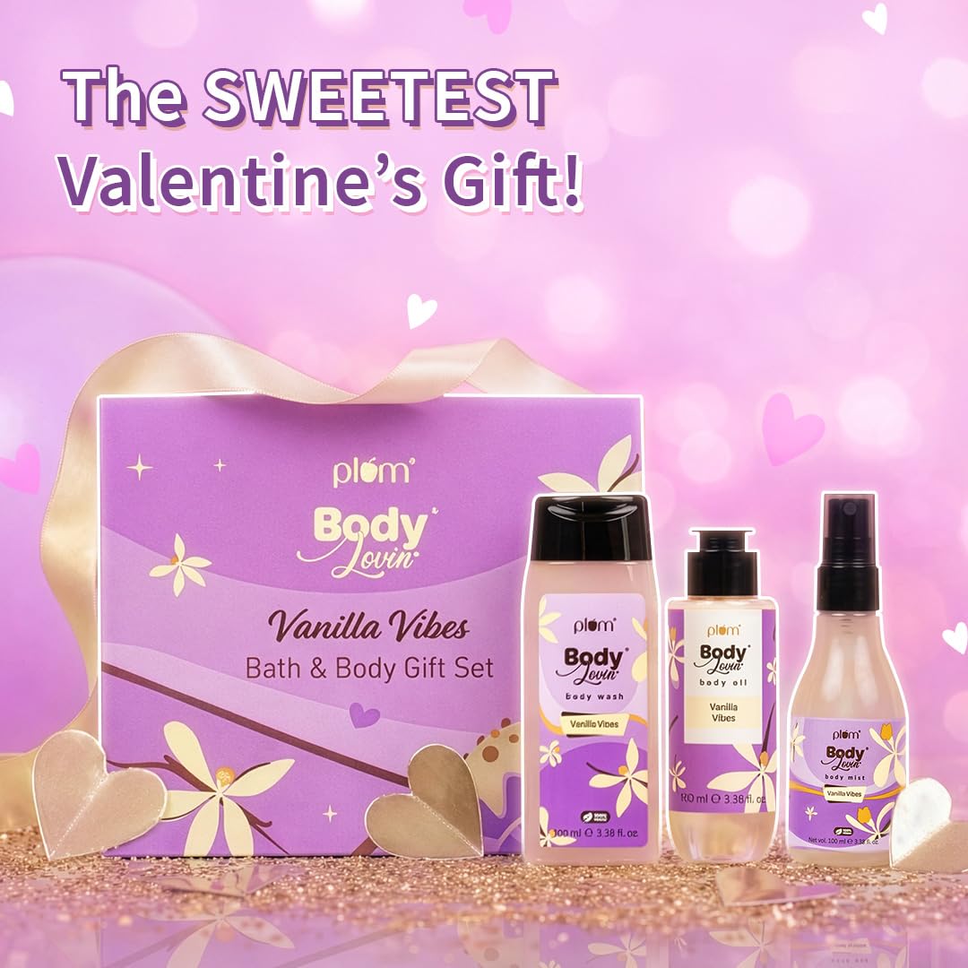 Plum BodyLovin' Vanilla Vibes Bath & Body Gift Set | Wash | Mist | Oil | Long-Lasting Fragrance | For Women | Gifting For Rakhi & Special Occasions| Pack Of 3