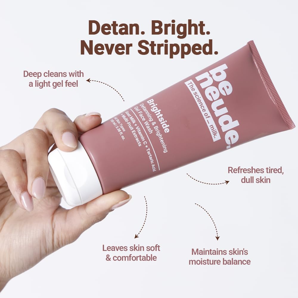 Be Neude Brightside 100ml Detan & Brightening Gel Face Wash with Goat Milk, Vitamin C & Tartaric Acid for Dark Spot Removal, Pigmentation & Glow, Face Wash for