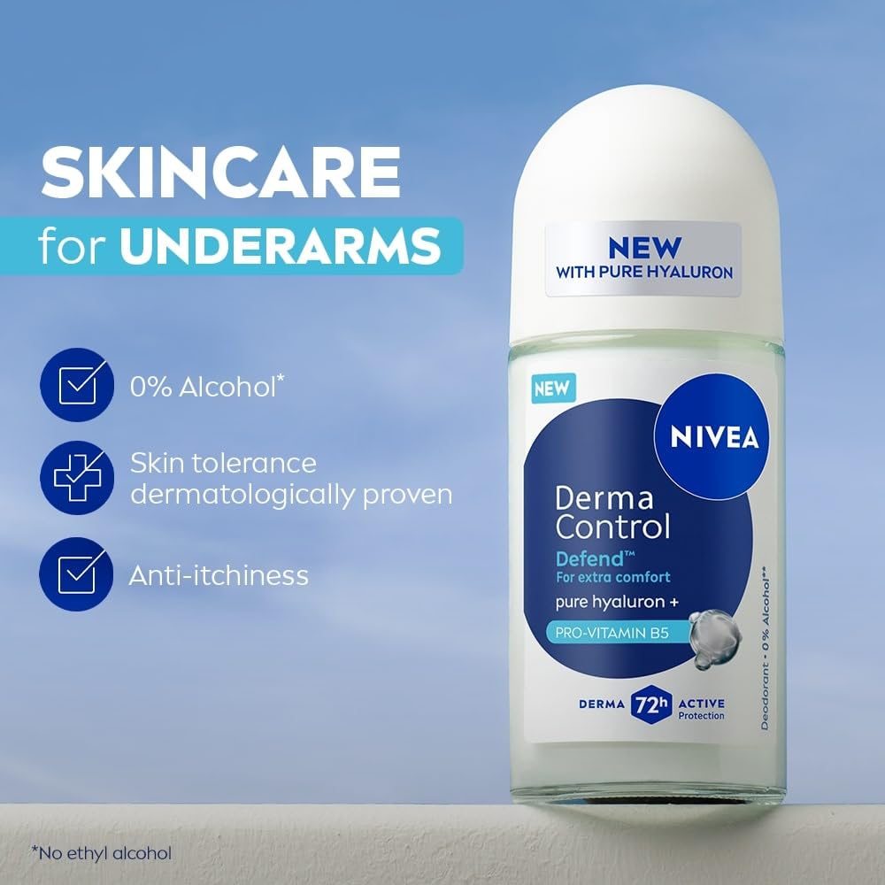 NIVEA Derma Control Defend Underarm Deo Roll-On for Women | Defends Against Irritation | 72H Derma Active Protection | With Pure Hyaluronic Acid & Pro-Vitamin B