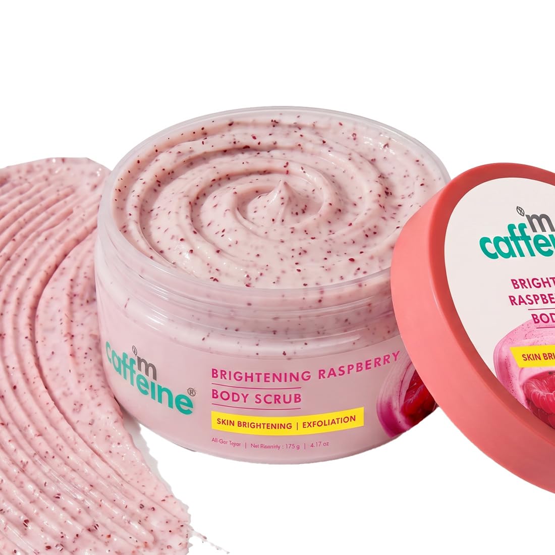 mCaffeine Brightening Raspberry Body Scrub | Tan Removal | AHAs - Lactic & Glycolic Acid, Niacinamide | Vitamin C Rich for Brighter, Soft Skin | Remove Dry, Dea