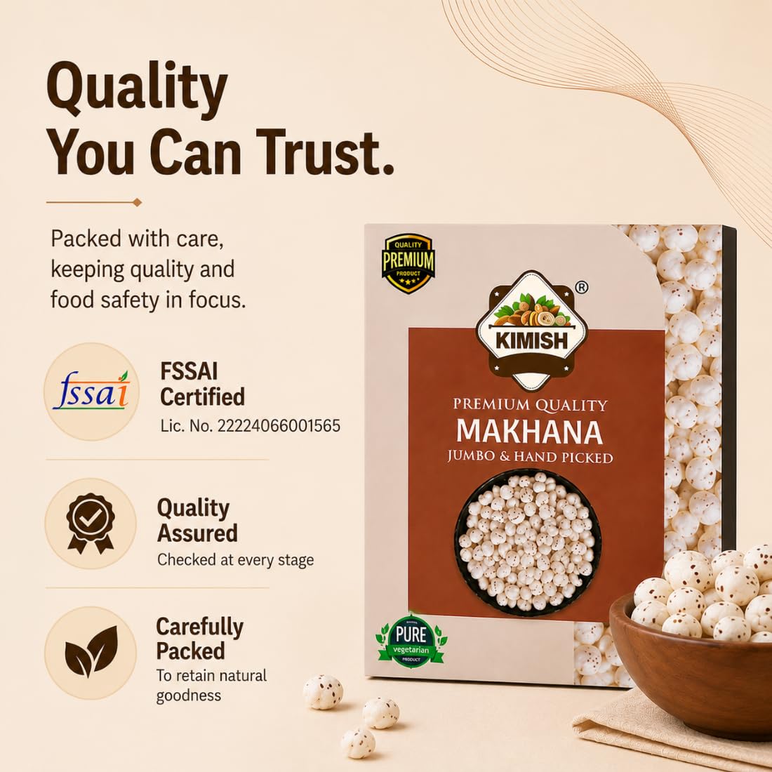 KIMISH Premium Quality Raw Makhana | 200g | Jumbo & Hand Picked Fox Nuts | Phool Makhana for Snacking, Fasting & Indian Recipes | Crunchy Lotus Seeds | 100% Veg