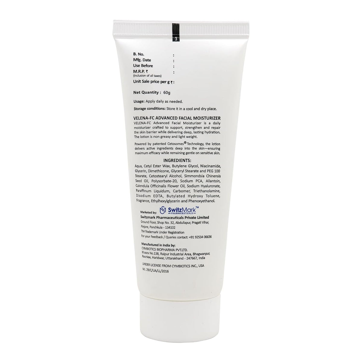 VELENA-FC Advanced Facial Moisturizer with Sodium Hyaluronate, Niacinamide & Allantoin | Hydrating & Skin Repair Cream | Alcohol Free, Paraben Free, Vegan | 60g