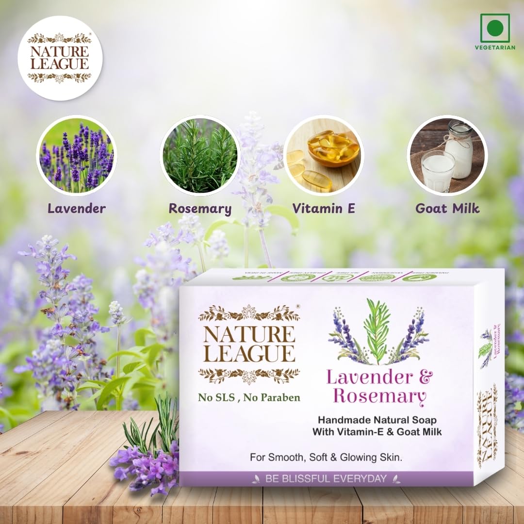 Lavender & Rosemary Natural Handmade Soap with Essential Oils & Vitamin-E, Gentle Cleansing, Skin Nourishing,Relaxing Aroma, For All Skin Types, SLS & Paraben F