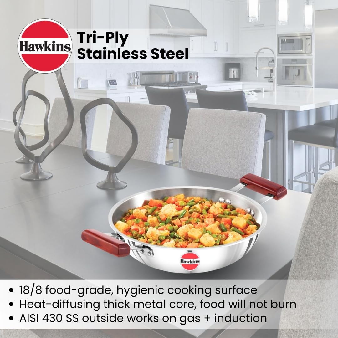 Hawkins 1.5 Litre Deep Fry Pan, Triply Stainless Steel Kadai, Flat Bottom Induction Kadhai, Small Kadai, Silver (SSD15)