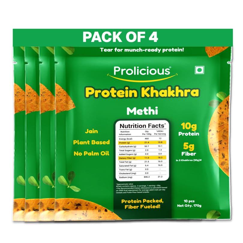 Prolicious Healthy Protein Khakhra| 34g Protein & 17g Fibre Per Pack Per Pack |Vegan Snack|Jain| No Maida |No Palm Oil| 170g (Pack of 4) |Methi Methi 170 g (Pac