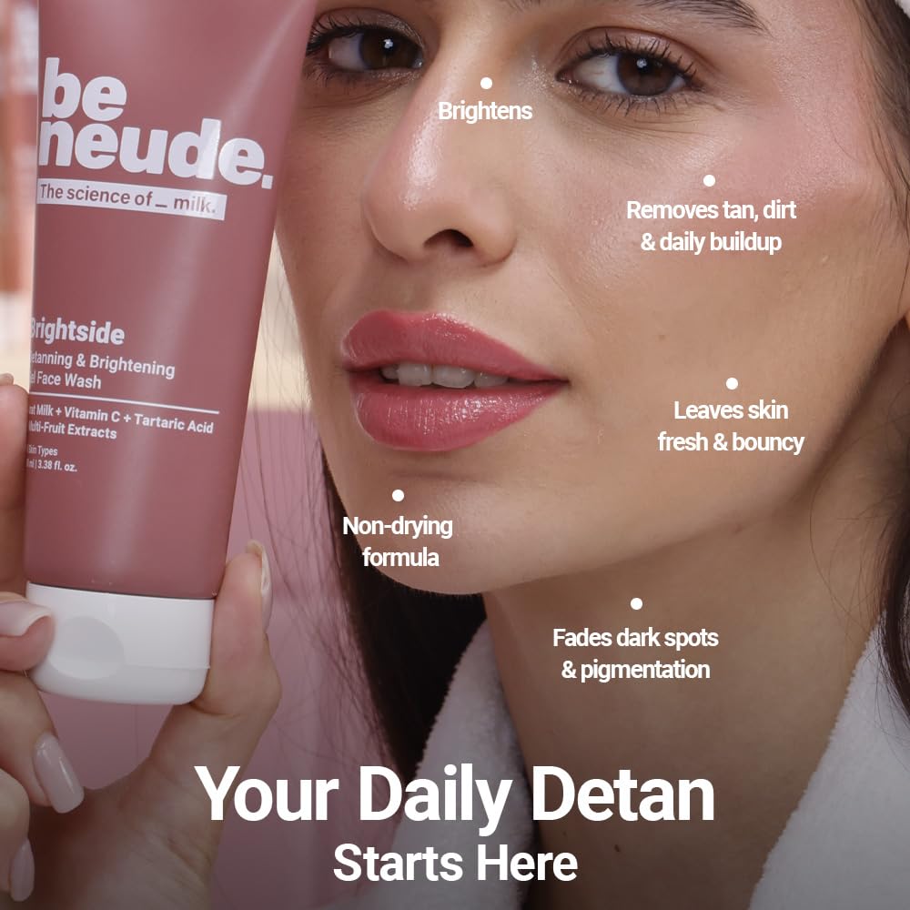 Be Neude Brightside 100ml Detan & Brightening Gel Face Wash with Goat Milk, Vitamin C & Tartaric Acid for Dark Spot Removal, Pigmentation & Glow, Face Wash for