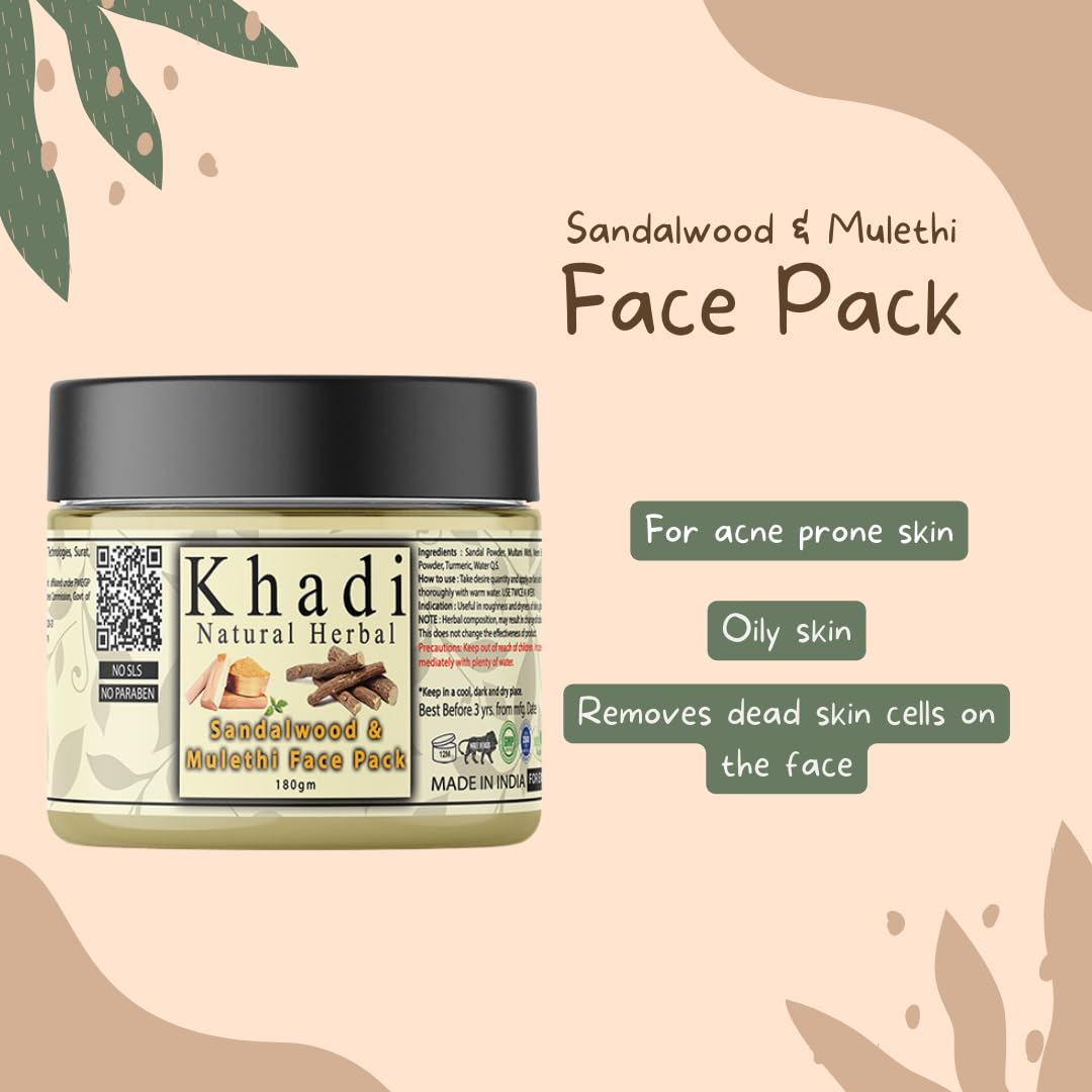 Khadi Natural Herbal Sandalwood Face Pack For Skin Brightening 180gm Pack | Enriched With 100% Natural Pure Sandalwood Powder & Mulethi For Skin Glowing | Reduc
