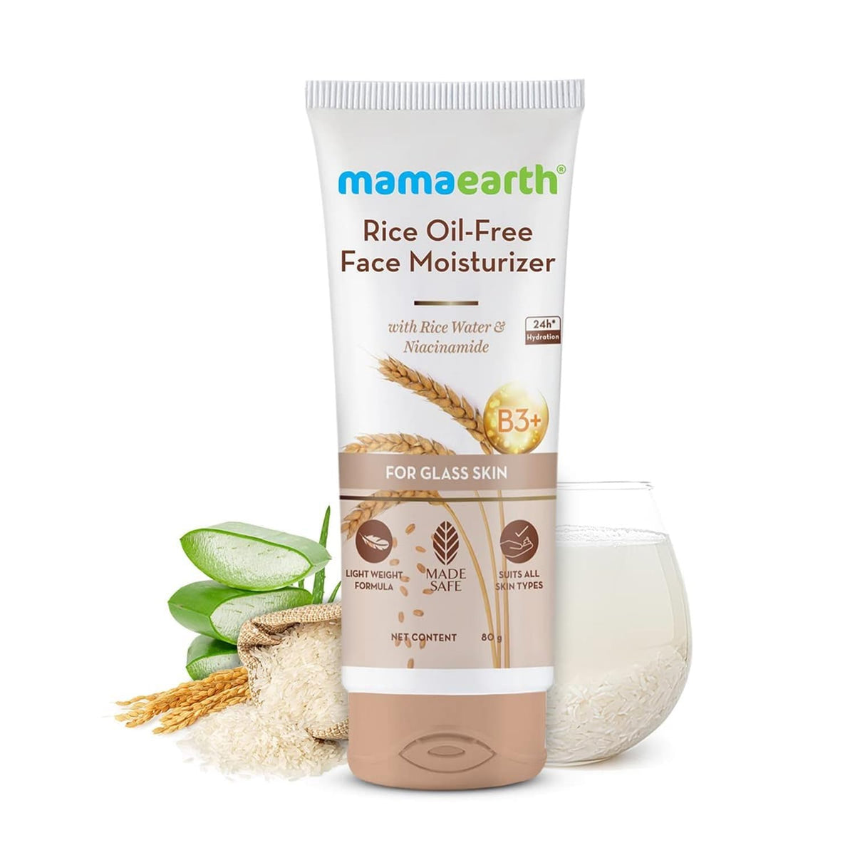 Mamaearth Rice Oil-Free Face Moisturizer for Oily Skin | With Rice Water & Niacinamide for Glass Skin | 24-Hour Hydration | Brightens Skin Tone | 80g 80 g (Pack