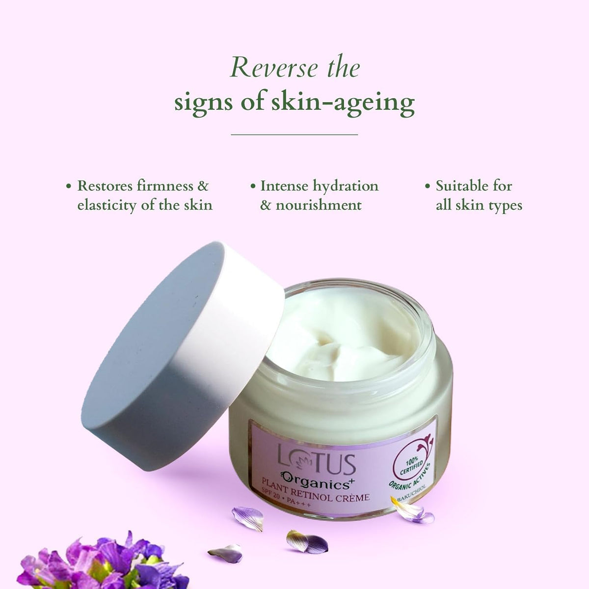 Lotus Organics+ Bakuchiol Plant Retinol Cream SPF 20 PA+++ | 100% Certified Organic Bakuchiol | Anti-Ageing Face Cream For Fine Lines & Hydration | 97% Natural