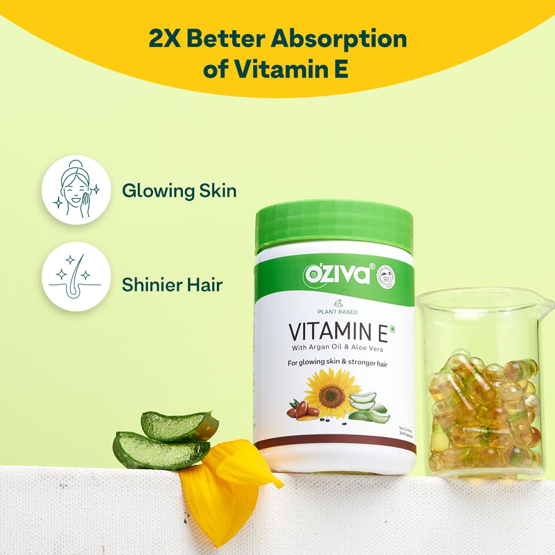 OZiva Plant Based Natural Vitamin E Capsules for Face & Hair with Sunflower oil, Aloe vera oil ,Argan oil, Vegan &Natural Vitamin E for Glowing Skin & Stronger
