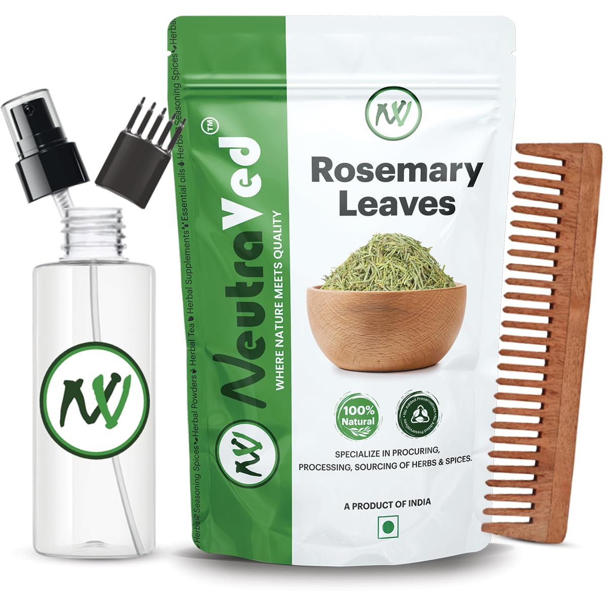 NeutraVed Rosemary Leaves Organic | Rosemary Dry Leaves for Hair Growth, Stronger Strands & Natural Hair Nourishment, Food Grade | Includes Comb Applicator, Mis