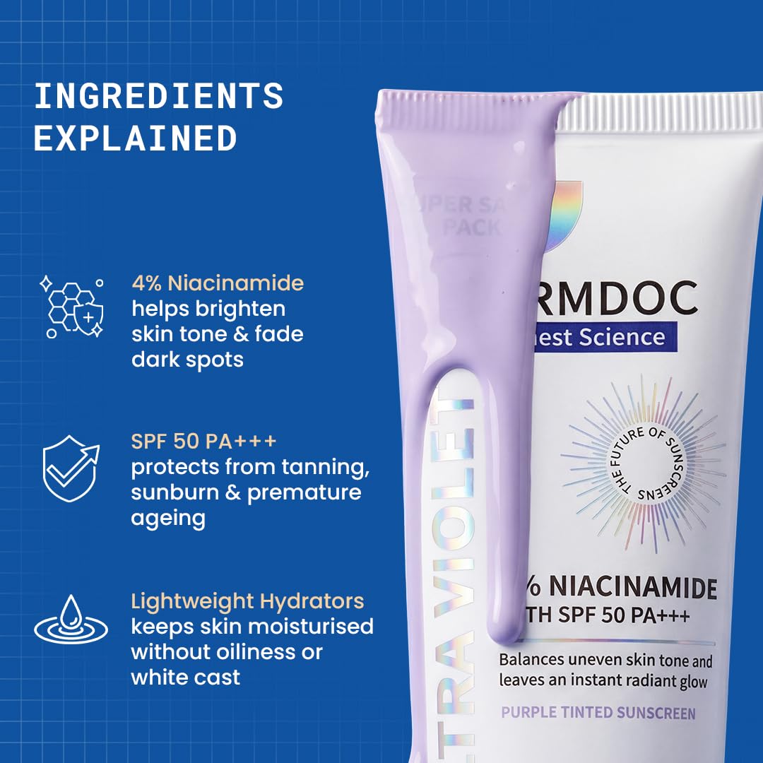 DERMDOC SPF 50 Ultra Violet Brightening Tinted Sunscreen with 4% Niacinamide, 100g | PA +++ | With Purple Tint | Evens Skin Tone | Lightweight | UVA & UVB Prote
