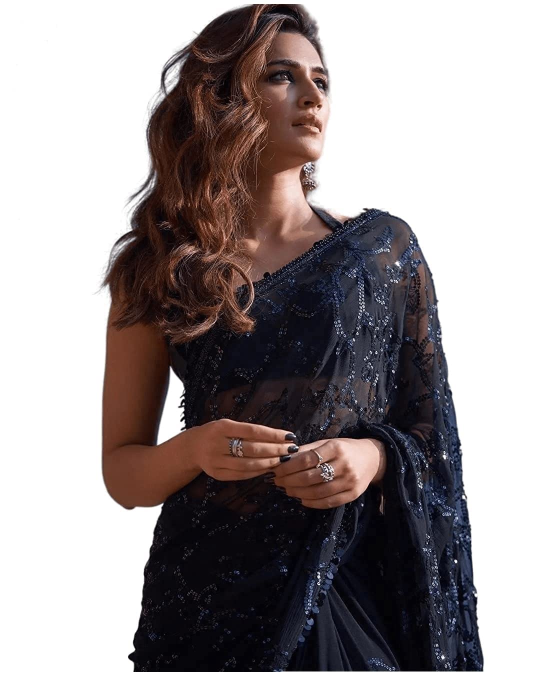 Sidhidata Women's Sequence Work Georgette Saree With Blouse Piece (Kriti Sanon Sequence) Black