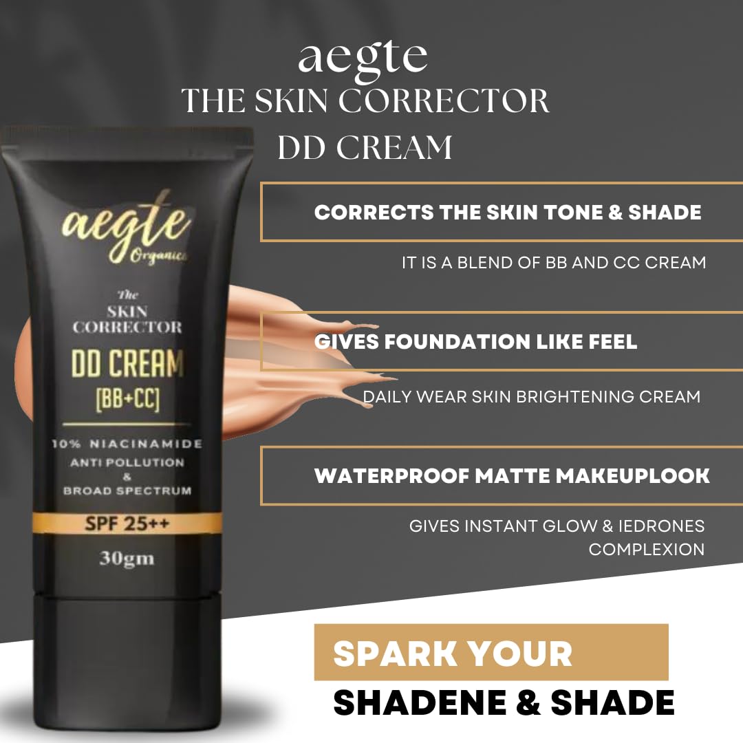 Aegte Organics Skin Corrector DD Cream (BB+CC) Broad Spectrum SPF 25++ Long Lasting Coverage Lightweight & Hydrating (Natural) 30 g (Pack of 1) Natural
