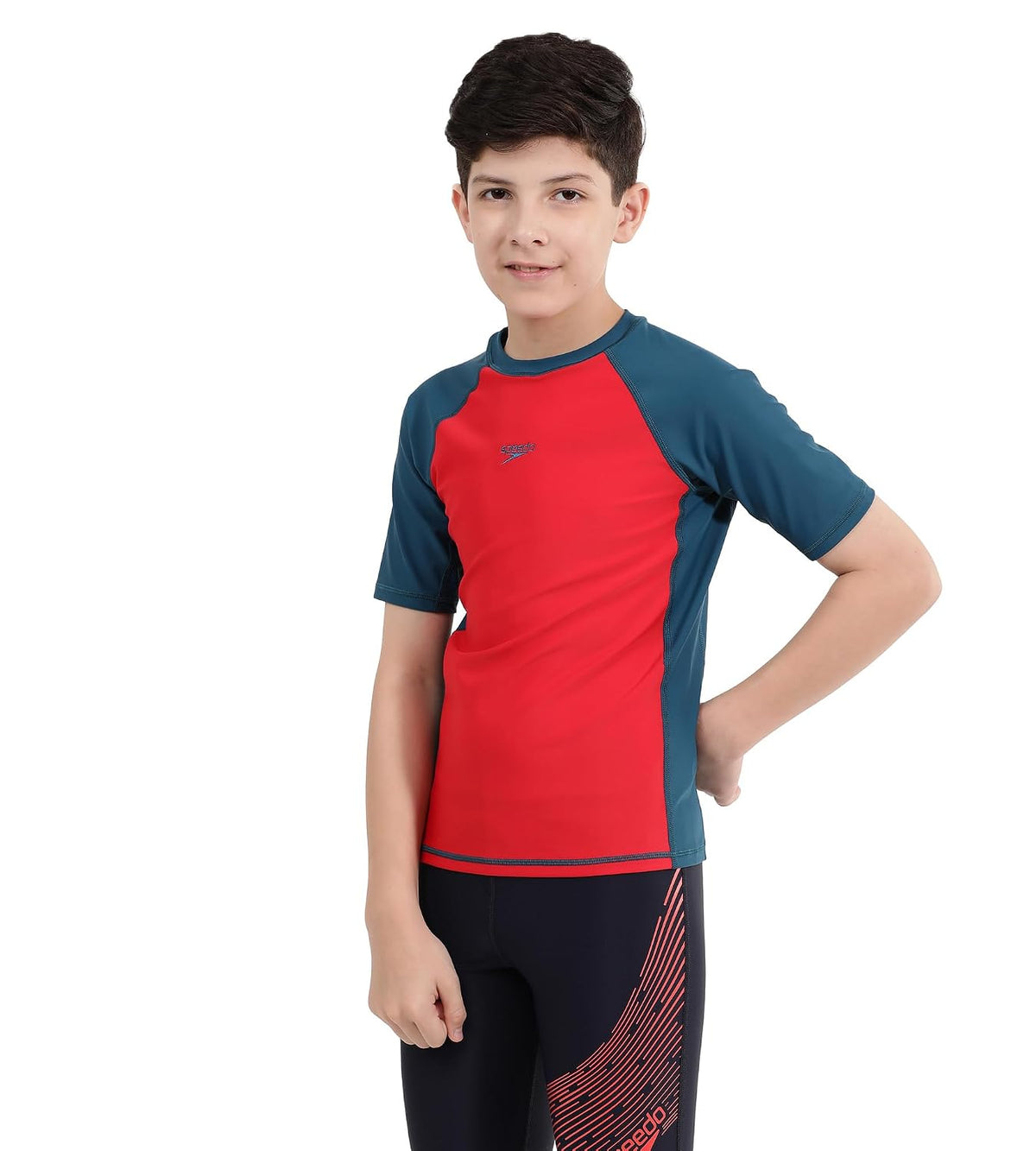 Speedo Boy's Endurance 10 High Chlorine Resistant UPF 40+ Sun Protection Short Sleeve Suntop 13-14 Y Fedred / Dark Teal