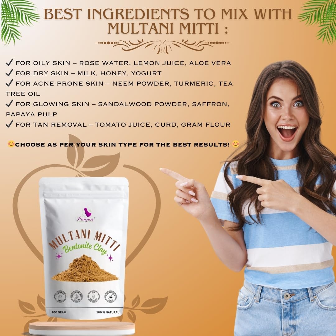 Prinzass Cosmetics - Facial Multani Mitti Powder | 100 Gram | Facial Bentonite Clay | Multani Mitti For Face | Multani Mitti Powder For Skin Care | 100% Natural